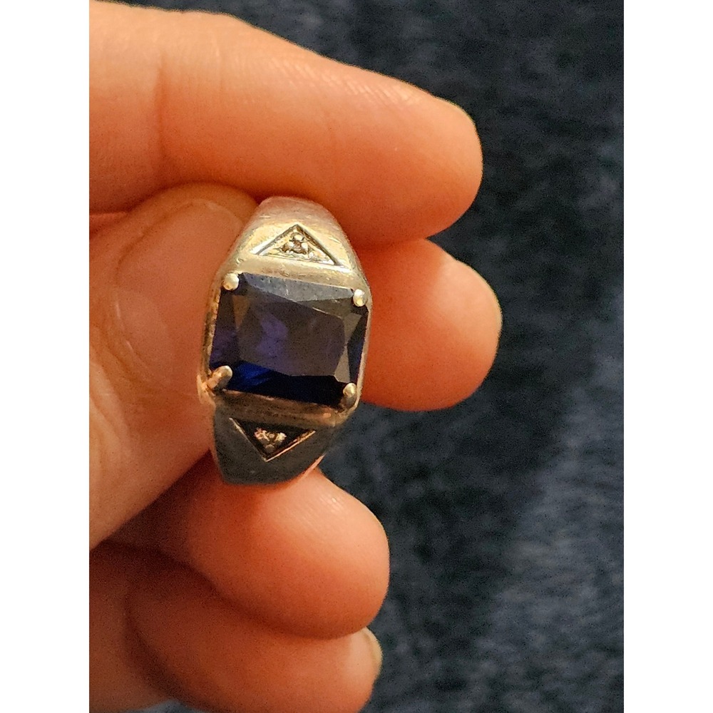 Seta Sterling Silver 925 Emerald Cut Blue Sapphire CZ Signet Ring Size 7.25